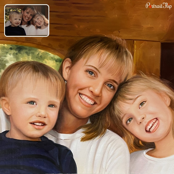 Acrylic painting of a woman with a young boy and girl beside her